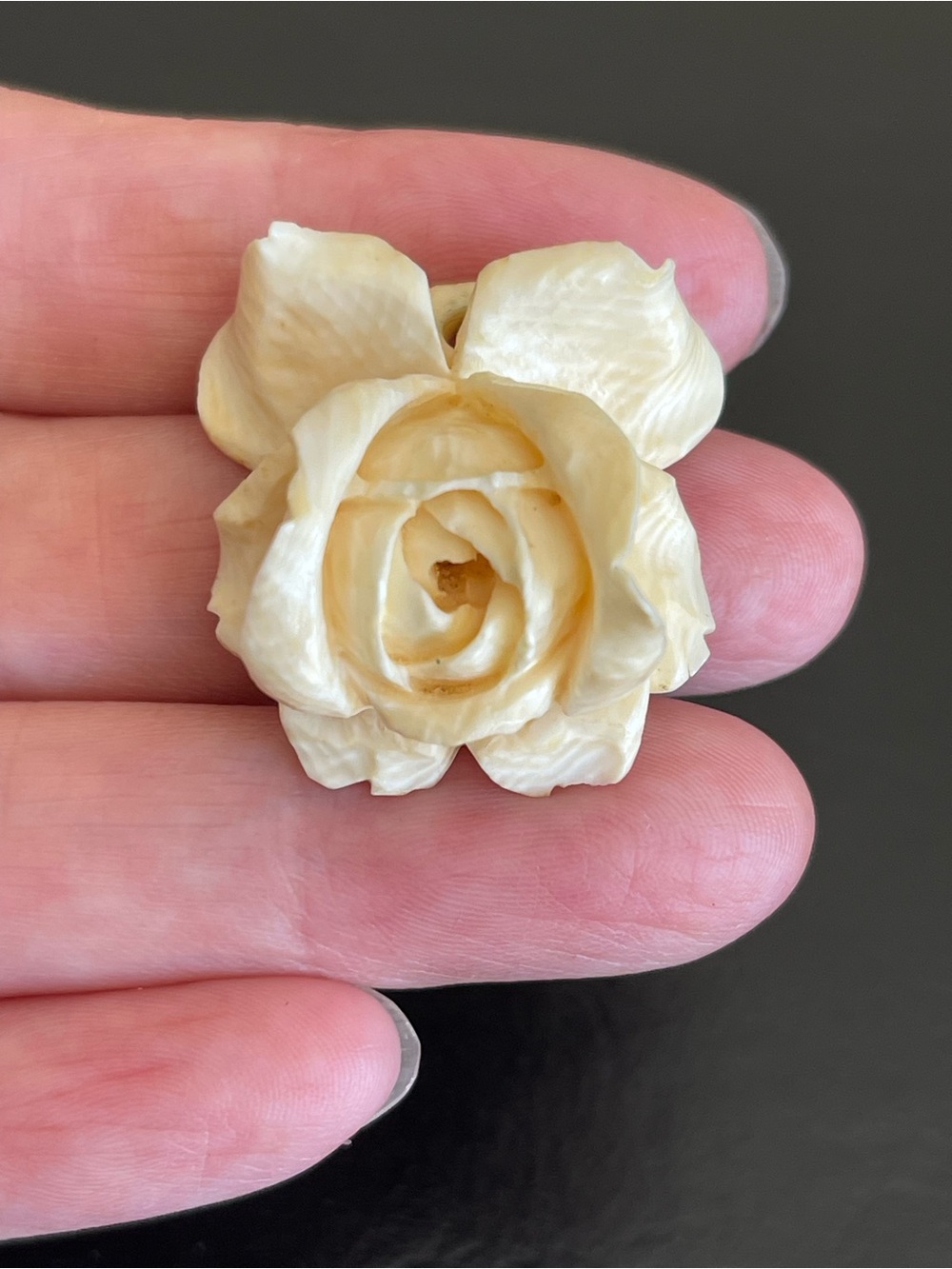 Vintage hand carved Floral Rose natural Ivory pendant.